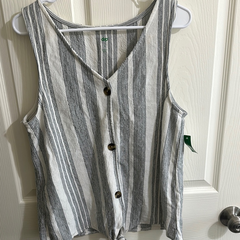 Gray and White Striped V-Neck Sleeveless Shirt